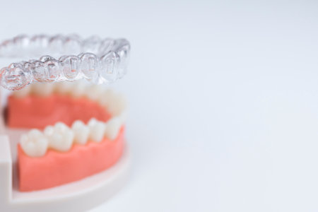 Close-up. Transparent aligners for artificial jaw teeth.