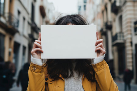 A young girl holds a blank poster above her head in the city center symbolizing student protests. Banner with copy spaceの素材