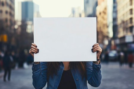 A young girl holds a blank poster above her head in the city center symbolizing student protests. Banner with copy spaceの素材