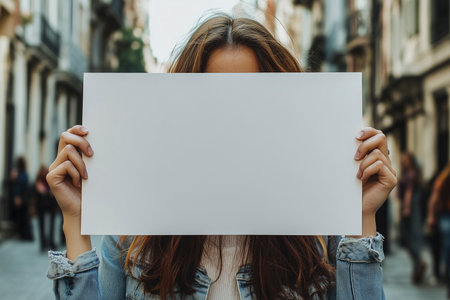 A young girl holds a blank poster above her head in the city center symbolizing student protests. Banner with copy spaceの素材