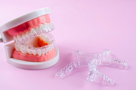 Close-up. Transparent aligners for artificial jaw teeth on a pink backgroundの写真素材