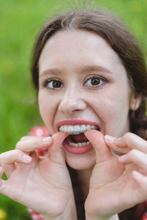 Dental care. Smiling young woman putting on aligners. Plastic retainers for teeth straightening.の写真素材