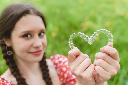 Dental care. Smiling woman holding heart-shaped aligners. Plastic retainers for teeth alignment.の写真素材