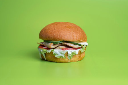 Fresh hamburger garnished with fresh lettuce and tomatoes on green background in studioの写真素材