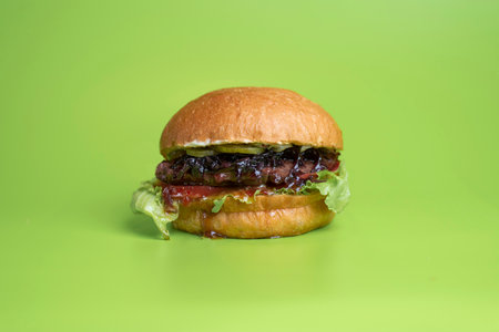 Fresh and juicy burger with meat and salad on green backgroundの写真素材