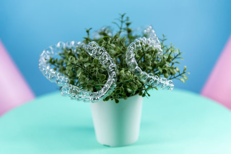 Removable transparent aligners for dental correction hang on a plant. Dental care and orthodontics