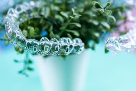 Removable transparent aligners for dental correction hang on an artificial plant. Invisalign braces,...