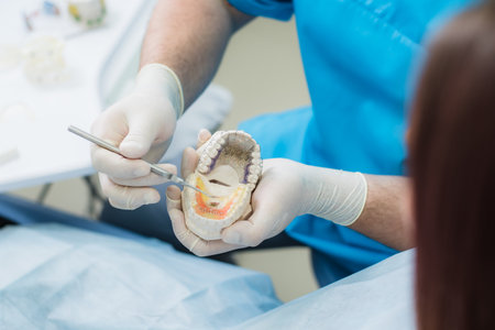 Orthodontist showed how the plate works to flatten teeth on jawsの写真素材