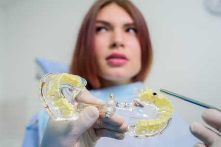 the orthodontist shows the carious cavity in the patient's chewing toothの写真素材