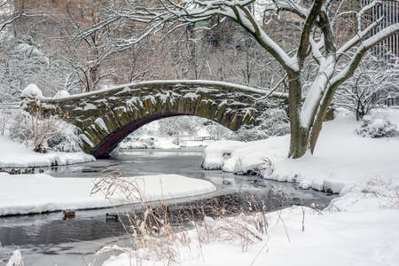 Gapstow Bridge in Central Park  in winter after snow stormの写真素材