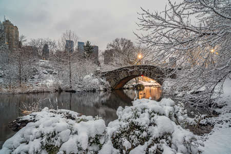 Gapstow Bridge in Central Park  in winter after heavy snow stormの写真素材
