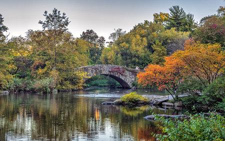 Gapstow Bridge in Central Park  in early autumn with changing colors in the early morningの写真素材