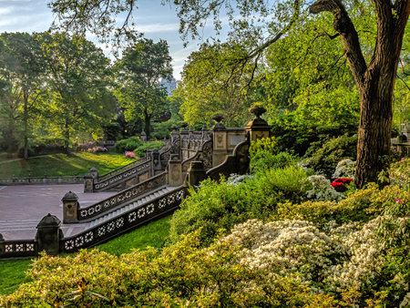 Bethesda Terrace and Fountain are two architectural features overlooking The Lake in New York City's Central Park.の写真素材