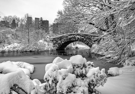 Gapstow bridge in Winter, early morning after snow storm