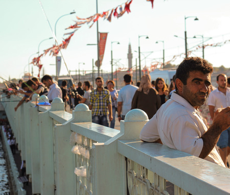 People on Galata Bridge in Istanbul on September 2013のeditorial素材