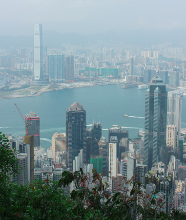 Panorama of Hong Kong and Kowloon from Victoria Gap, near the top of Victoria Peak on April 2014のeditorial素材