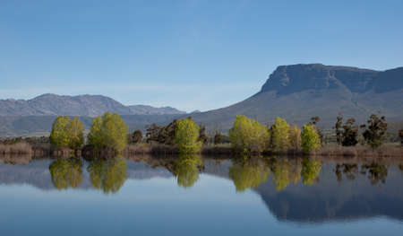 Trees and mountains reflected in the still waters of a lake in the fruit farming district of Ceresの写真素材