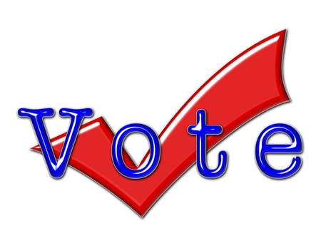 The word VOTE in shiny blue metallic text over a shiny red metallic checkmark. 