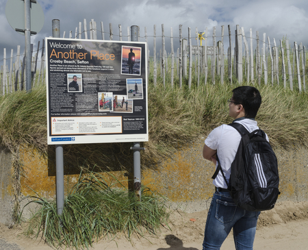 Tourist standing and reading an information sign about the Another Place sculptures at Crosby.のeditorial素材