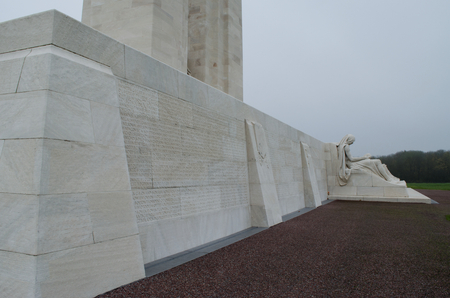 The Canadian National Memorial at Vimy Ridge on a grey autumn day. The memorial is for First World War Canadian dead and missing who died in France.の写真素材