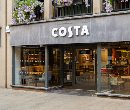 Chester, UK: Aug 6, 2018: The Costa coffee shop in Chester city centre. Costa are the largest coffee house chain in the UK and second largest in the world. Their parent company is Whitbread.のeditorial素材