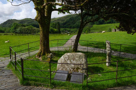 Beddgelert, North Wales, UK: Jun 3, 2017: A pair of inscribed slates mark the supposed grave of Gelert who was a faithful dog and main character of local folklore.のeditorial素材