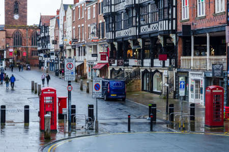 Chester, UK: Jan 29, 2021: A general view in the shopping district of Chester seen on a January Friday afternoon. Most people are staying at home during the national virus lockdown.のeditorial素材