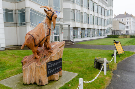 Llandudno, UK: Mar 18, 2021: A wood sculpture of Fusilier Shenkin IV, goat mascot of the 3rd Battalion, the Royal Welsh celebrates his first official engagement at The Armed Forces Day National Eventのeditorial素材