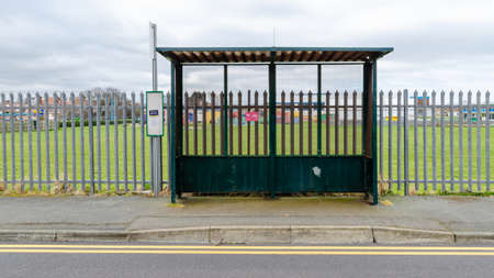 Prestatyn, UK: Mar 19, 2021: A bus shelter outside the Pontins holiday camp on Barkby Avenue.のeditorial素材