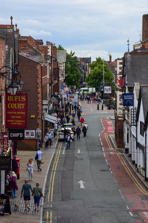 Chester, UK: Jul 3, 2022: A general view of Northgate Street, close to the Roman Walls. It is  a popular area with independent shops, restaurants and businesses.のeditorial素材