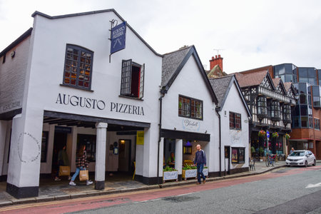 Chester, UK: Jul 3, 2022: A general view of Northgate Street, close to the Roman Walls. It is  a popular area with independent shops, restaurants and businesses.のeditorial素材