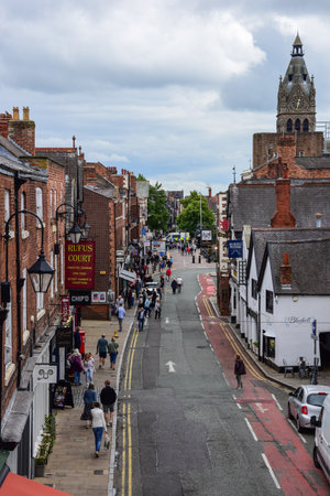 Chester, UK: Jul 3, 2022: A general view of Northgate Street, close to the Roman Walls. It is  a popular area with independent shops, restaurants and businesses.のeditorial素材