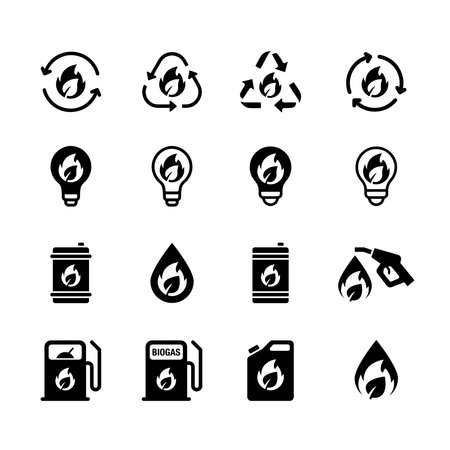 Set of simple icons of Biogas production stages, renewable energy and green environment. black and whiteのイラスト素材