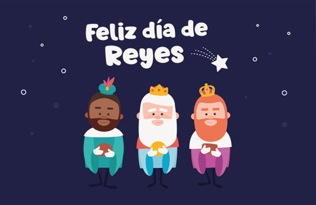 Happy epiphany written in spanish. Three funny wise men. Kings of orient on blue background. christmas vectorsのイラスト素材
