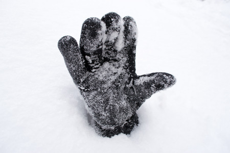 A single gloved hand stuck in the snowの写真素材