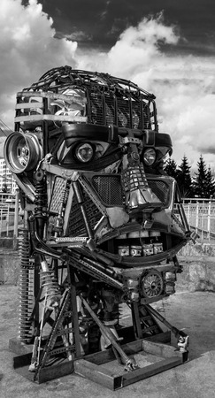 Scrap metal of various shapes in a human robot face formの写真素材