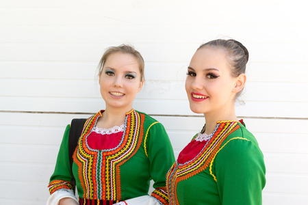 Two young Russian girls in traditional Bashkir National Dress for a celebration of Russian Day in Ufa Bashkortostanのeditorial素材
