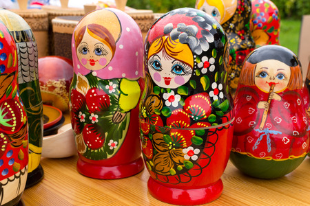 Brightly painted traditional wooden Russian Matrushka puzzle dollsの写真素材