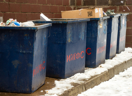 Rows of blue metal rubbish bins usedfor household trash in Ufa, Russiaの写真素材