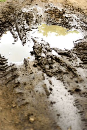 Rain filled muddy puddle with vehicle tracks on a dirt track roadの写真素材