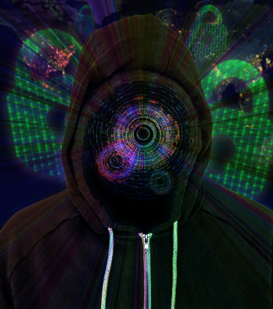 Computer hacker wearing a hooded black top with an augmentation HUD Display with padlocks and binary...