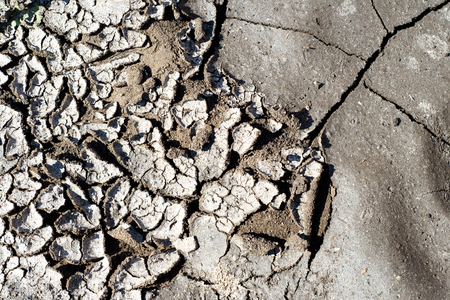 Cracked and broken dry mud dried from hot sun with textures of a flaking peeling riverbedの写真素材