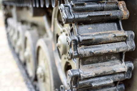 Vintage Soviet Tank Tracks in dark green and black paintの写真素材