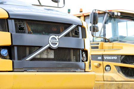 Parked Volvo A30F articulated dump tracks at a local gravel pit in Essex Silver End England used for...