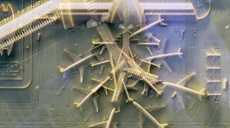 miniature plane model toys parked at a terminal inside of an airport