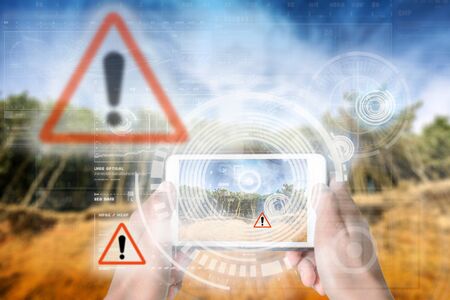 Augmented Reality device using smart technology, mixing virtual and augmentation reality through the application of artificial intelligence and computer AI tech assistance for avoiding harmful hazardsの写真素材