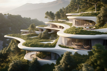 Organic house design in a forest hill setting. Generative AIの素材