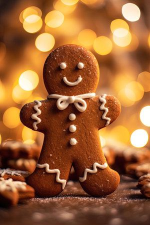 Gingerbread man christmas biscuit food image with golden bokeh background. Generative AIの素材