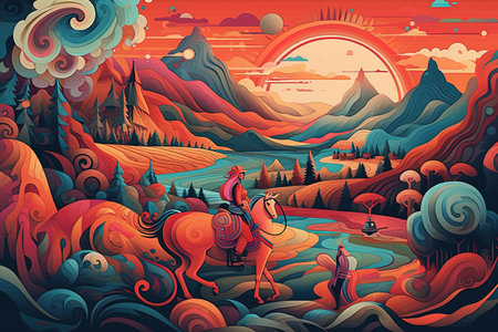 Art background in red and blue vector style landscape and hills. Generative AIの素材