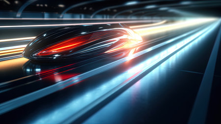 Modern future car with motion blur at night. Light streaks and neon colours. Generative AIの素材
